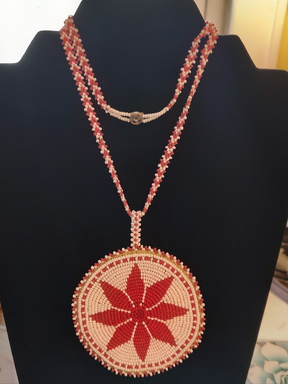 Handmade Red and White Seed Bead Pendant Necklace